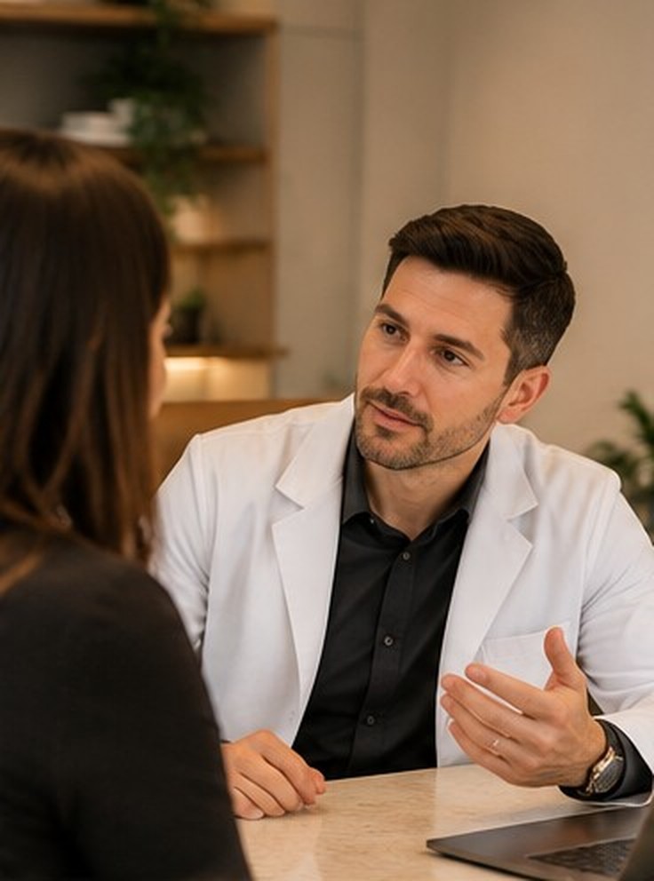 Dr. Rafael Monteiro conversando com uma paciente durante a consulta