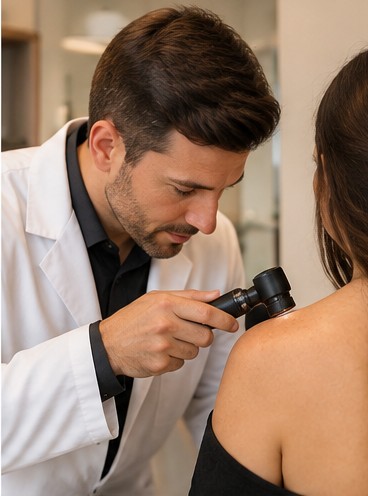 Médico realizando avaliação dermatoscópica da pele de uma paciente