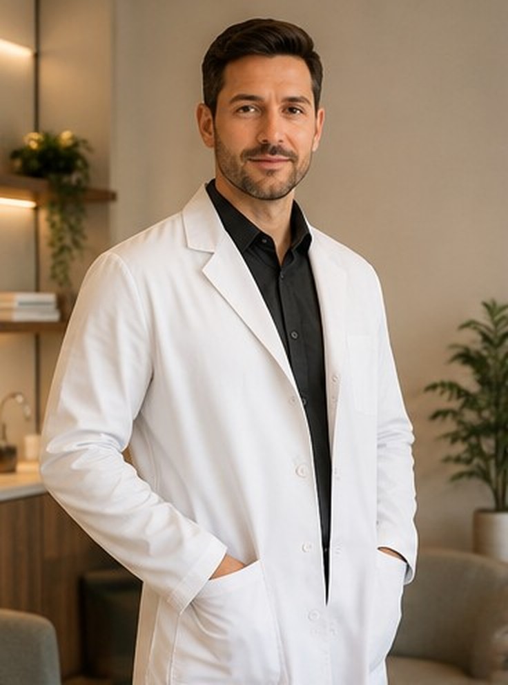 Dr. Rafael Monteiro, dermatologista, em pé no consultório