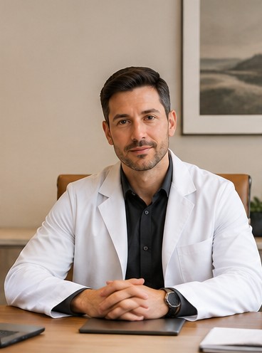 Dr. Rafael Monteiro sentado à mesa de atendimento
